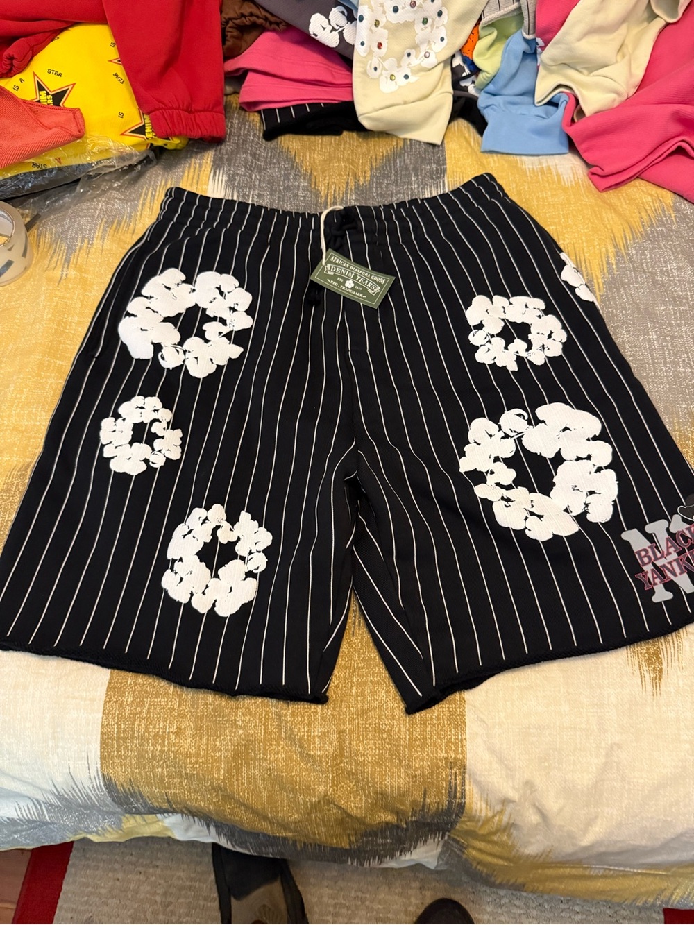 Denim Tears Yankees Pinstripe Floral Athletic Shorts for Men Size XL